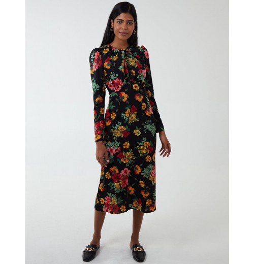 Floral Twist Panel Fit And Flare Midi Dress