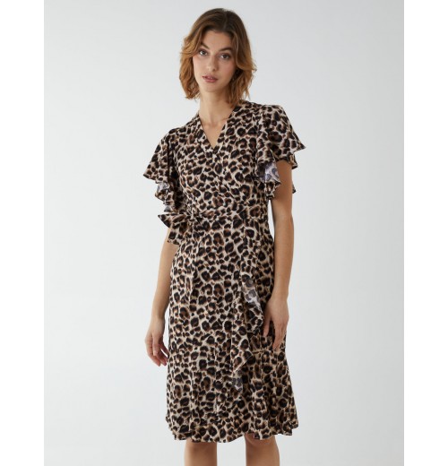 Leopard Print Wrap Ruffle Midi Dress