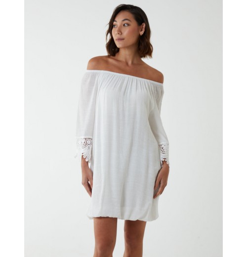 Bardot Tunic Dress With Crochet Lace Sleeves