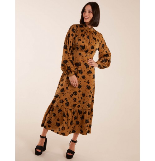 High Neck Midi Dress With Tiered Skirt and Puff Long Sleeve