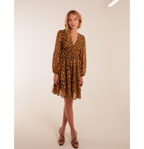 Shirred Waist Leopard Foil Wrap Front Mini Dress