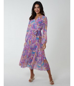 Paisley Wrap Pleated Dress