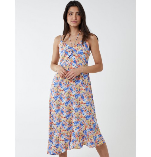 Twist Front Floral Print Midi Dress