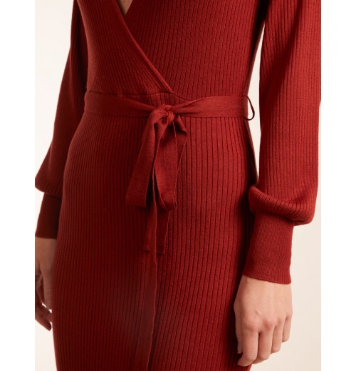 Ribbed V-Neck Tie Wrap Midi Dress