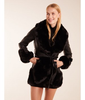 Faux Fur Collar PU Belted Coat