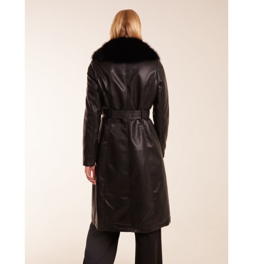 Longline Leather Look Faux Fur Coat