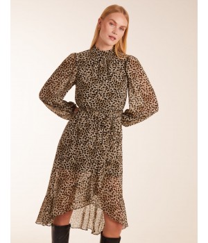 Leopard Print High Neck Wrap Frill Hem Midi Dress